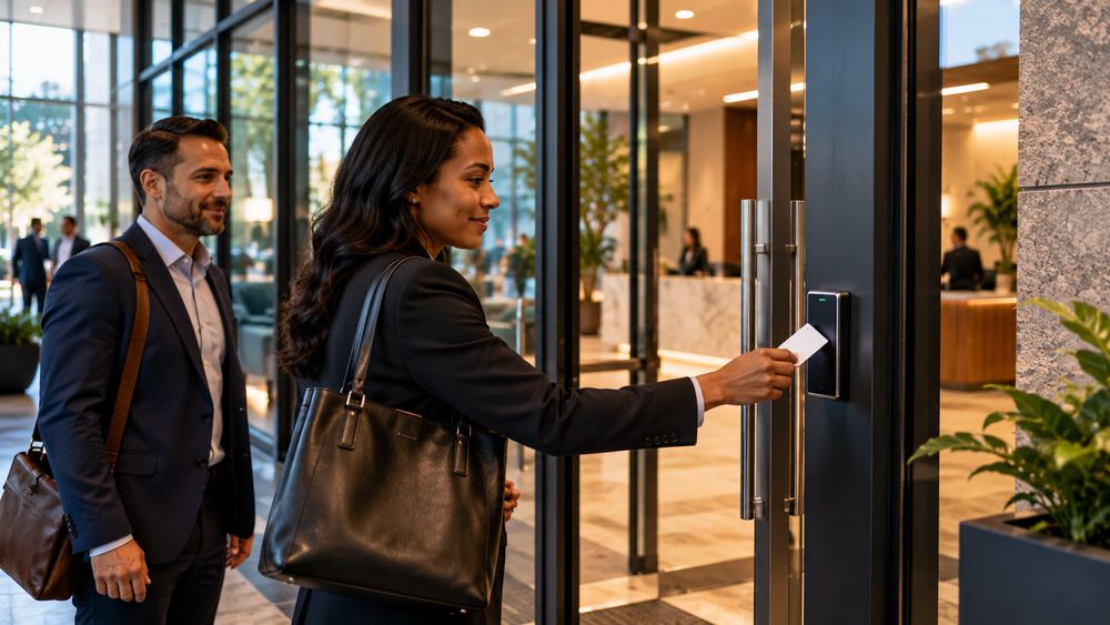 Two colleagues entering an office, one badging in at a wall-mounted reader