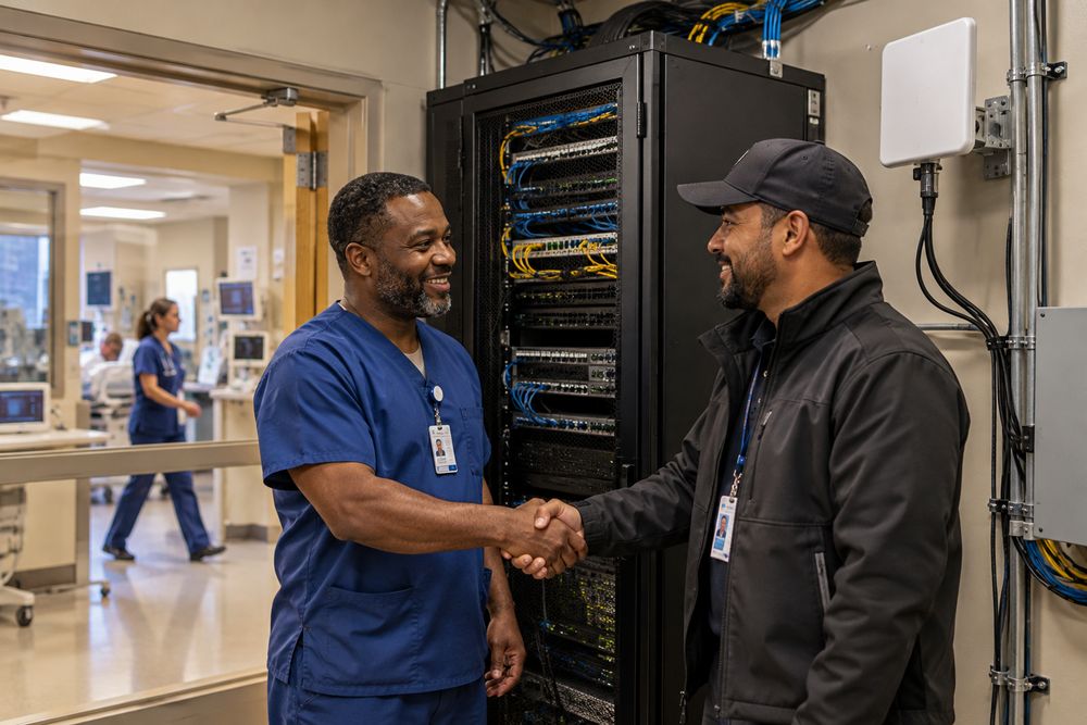 Hospital staff and a Resifi technician beside a newly restored network rack