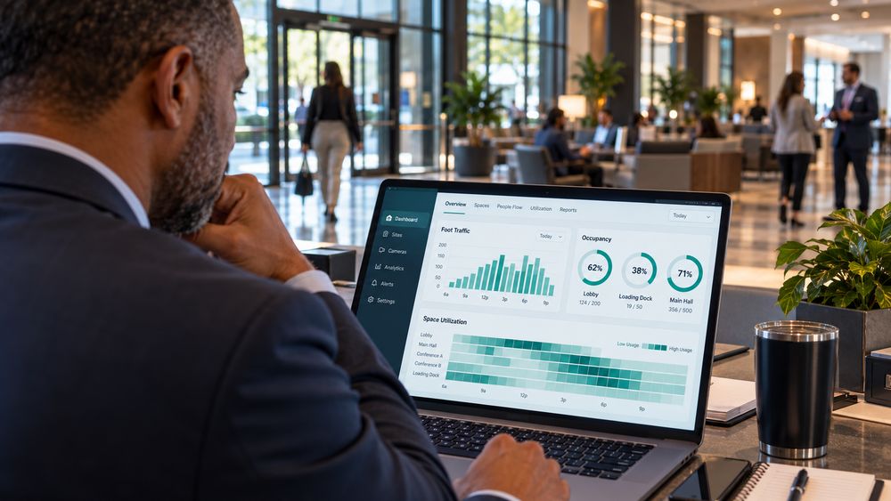 Facilities manager reviewing a foot-traffic and space-use dashboard on a laptop