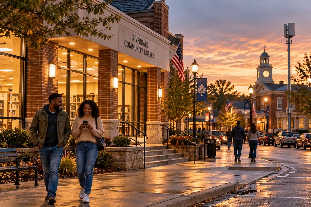 Residents walking past a town center with lights and connectivity restored at dusk