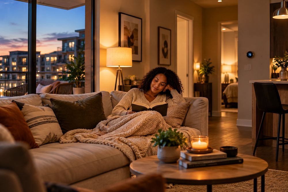 Resident relaxing in a warmly lit living room in the evening